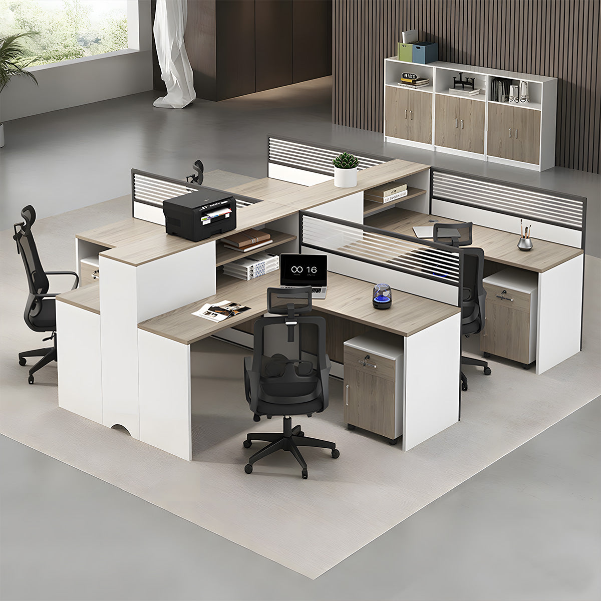 オフィスデスク メラミン化粧板 L字天板 デスクトップラック パーテーション サイドワゴン 広い下肢空間 配線孔 錠付き シリンダー錠 ウォルナット カスタマイズ可能