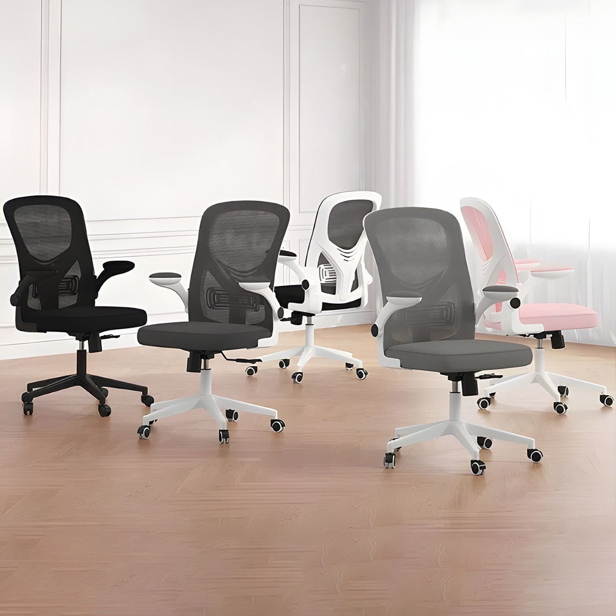 チェア　オフィスチェア　ワークチェア　昇降回転式　跳ね上げ式肘掛け　クッション付き　ランバーサポート　丸み　ウレタン　柔らか　簡素　ミニマル　ホワイト　ブラック　グレー　