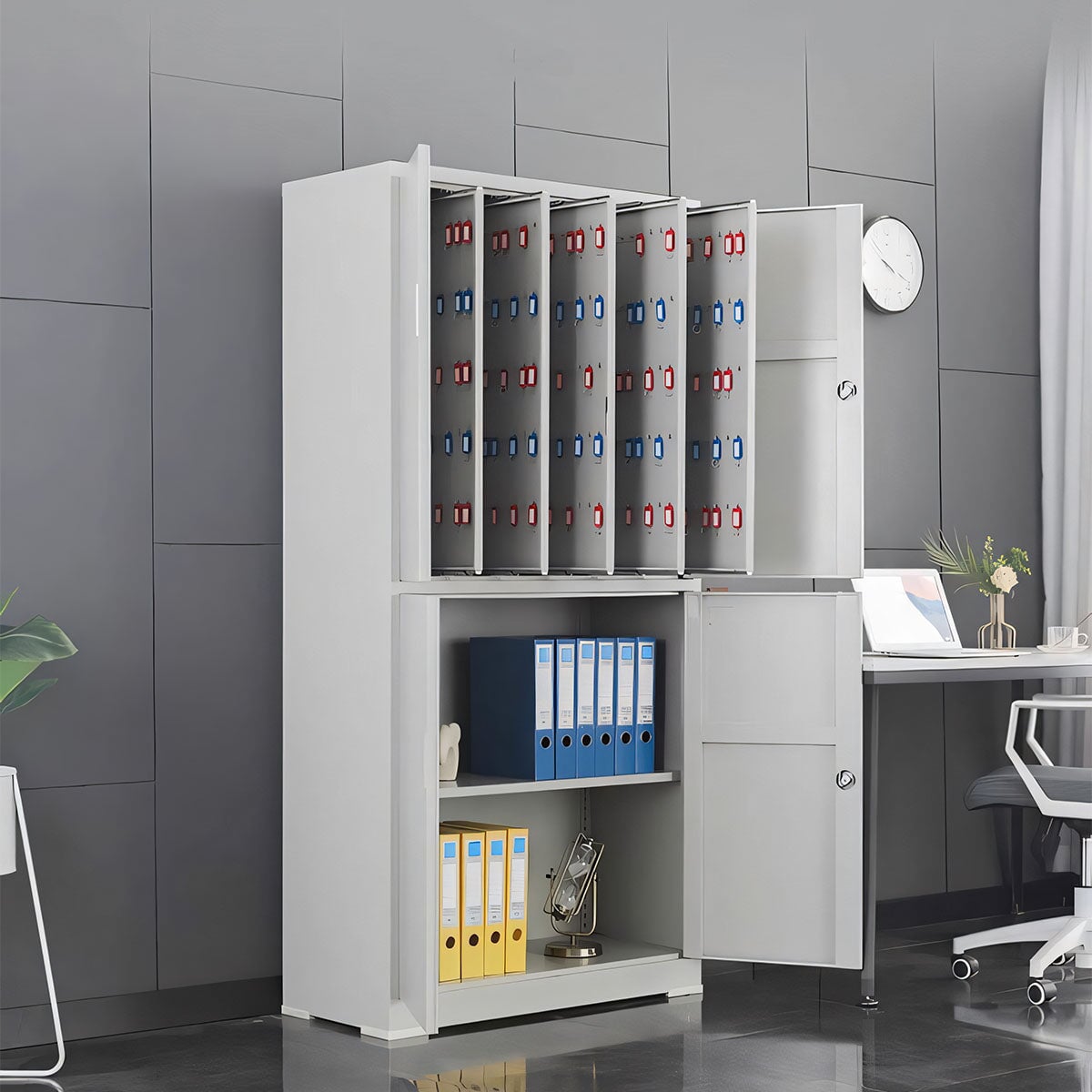 キャビネット　キーボックス　収納　大容量　多段式　冷間加工　スライドレール　キーフック　可動棚板　錠付き　パスワードタイプ　指紋認証タイプ　実用　安全性　洗練　