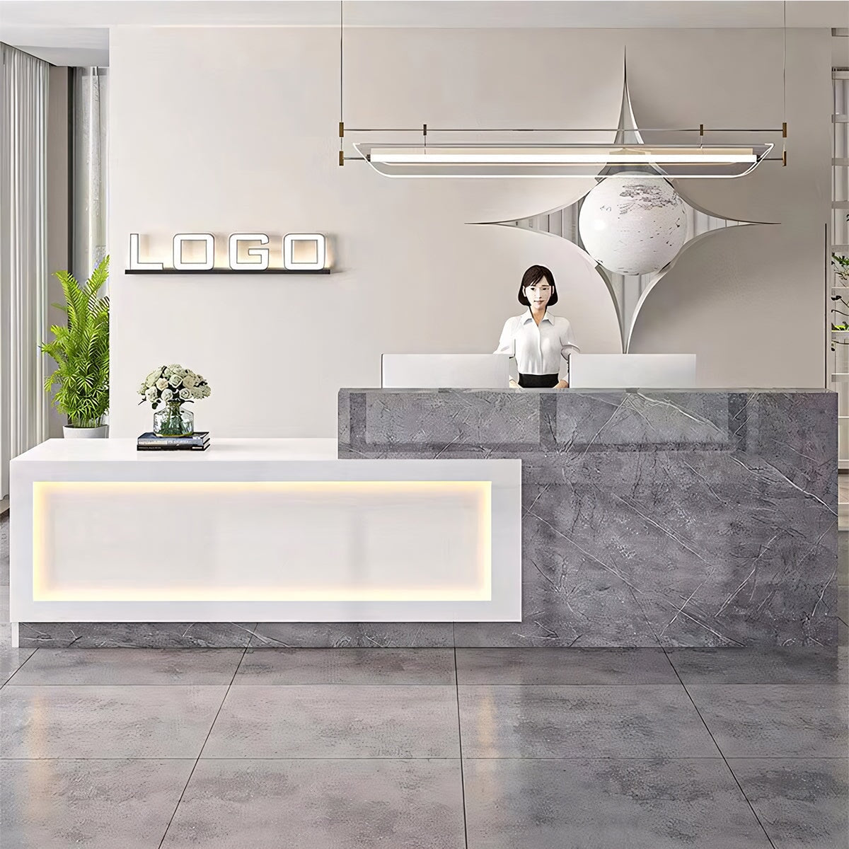 受付カウンター　受付台　レジ台　ハイカウンター　ＬＥＤライト　鏡面仕上げ　エコ板材　収納　配線穴キャップ　おしゃれ　実用　モダン　ホワイト　カスタマイズ可能　JDT-K054　 