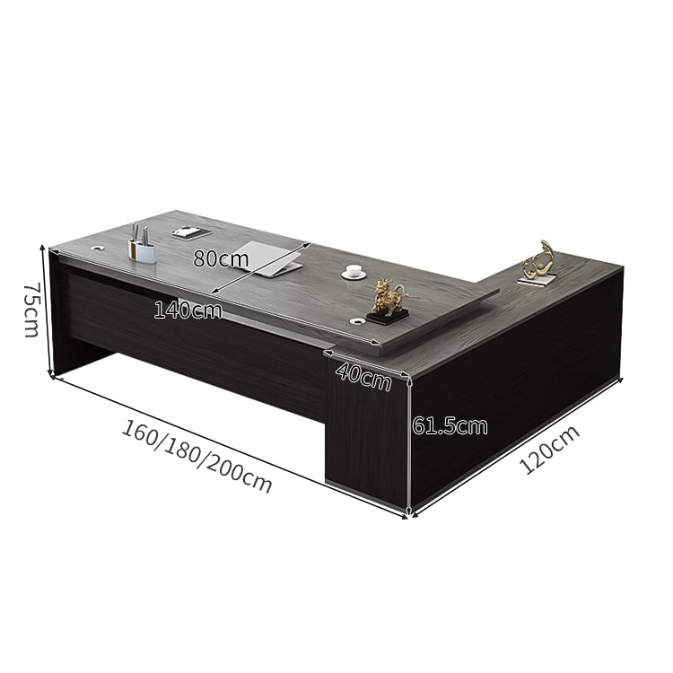 L字型エグゼクティブデスク（幕板×サイドキャビネット×配線穴付き）｜木目調×ブラックデザイン｜社長室×役員室向け