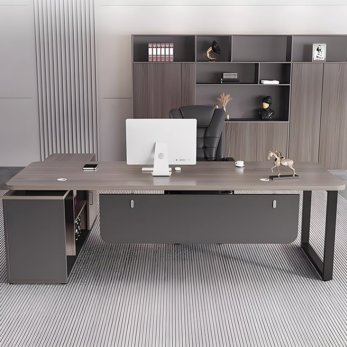 社長デスク　エグゼクティブデスク　オフィスデスク　エコ素材　Ｒ加工　配線孔付き　幕板付き　通気孔付き サイドキャビネット　オープン収納　LBZ - S012 -   