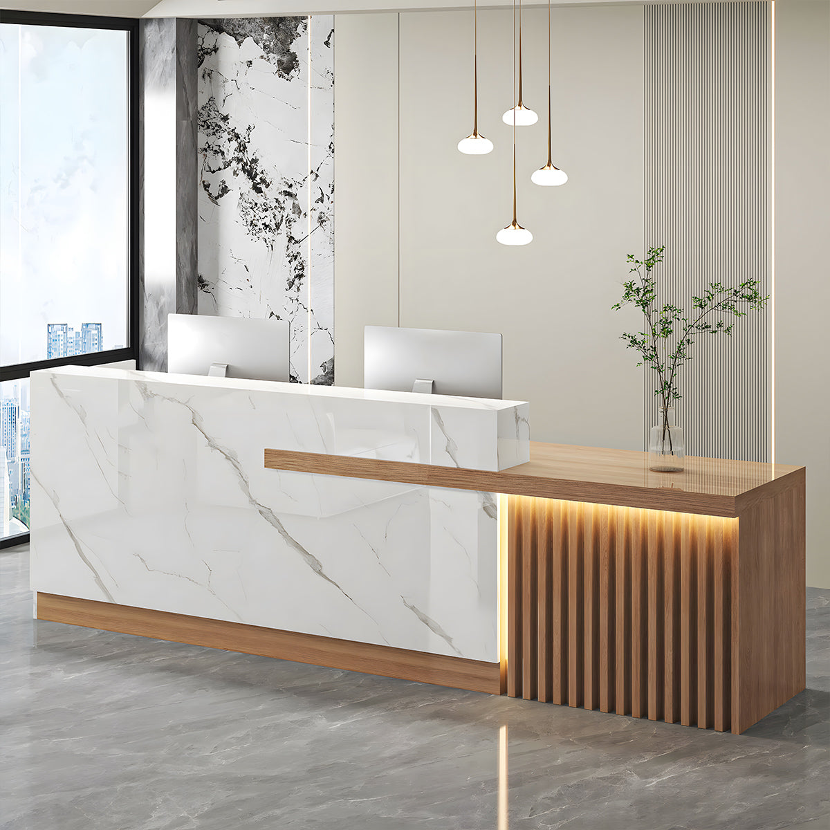 受付カウンター　受付台　オフィス受付　エントランス受付　作業台　L字型　機能性　LEDライト　収納　カスタマイズ可能　木目調