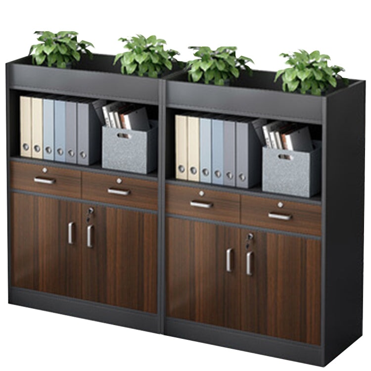 キャビネット　オフィス収納　オフィスキャビネット　収納棚　木目調　シリンダー錠付き　鍵付き　観音開き　オープン収納　ナチュラル　ウォルナット　CWG-084 -  