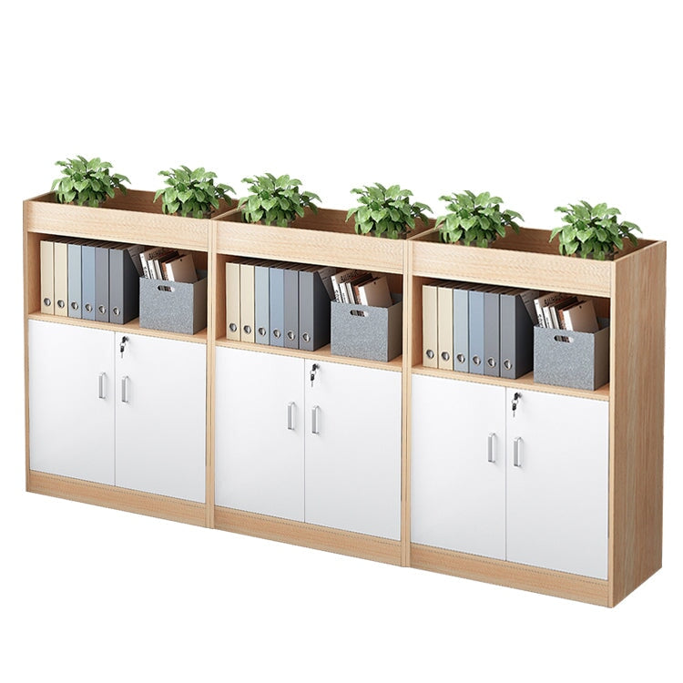 キャビネット　オフィス収納　オフィスキャビネット　収納棚　木目調　シリンダー錠付き　鍵付き　観音開き　オープン収納　ナチュラル　ウォルナット　CWG-084 -  