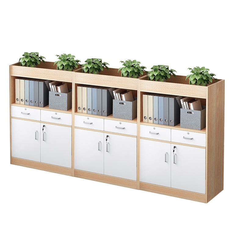 キャビネット　オフィス収納　オフィスキャビネット　収納棚　木目調　シリンダー錠付き　鍵付き　観音開き　オープン収納　ナチュラル　ウォルナット　CWG-084 -  