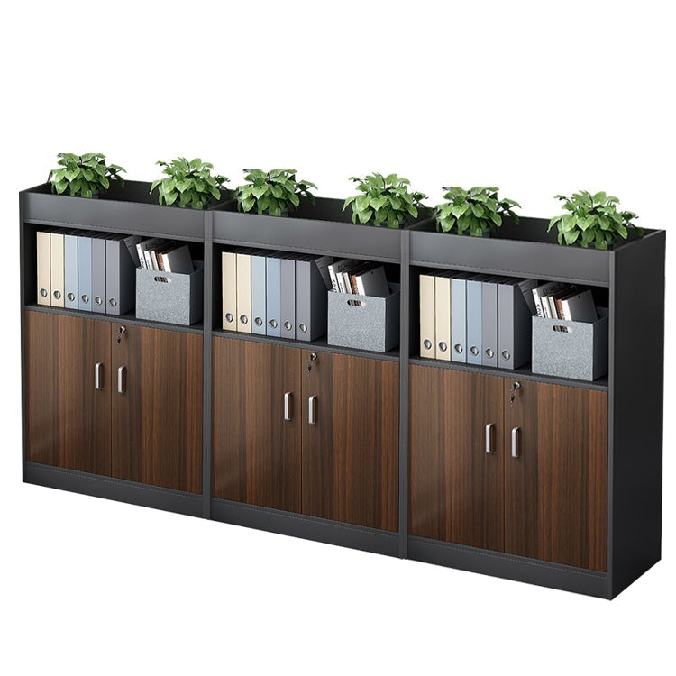 キャビネット　オフィス収納　オフィスキャビネット　収納棚　木目調　シリンダー錠付き　鍵付き　観音開き　オープン収納　ナチュラル　ウォルナット　CWG-084 -  