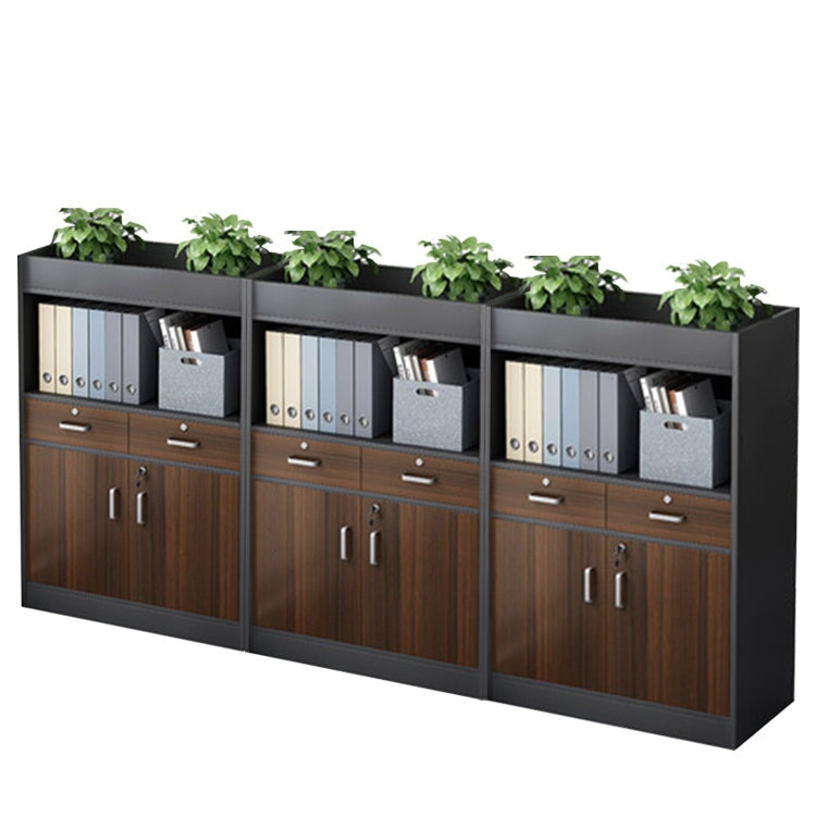 キャビネット　オフィス収納　オフィスキャビネット　収納棚　木目調　シリンダー錠付き　鍵付き　観音開き　オープン収納　ナチュラル　ウォルナット　CWG-084 -  