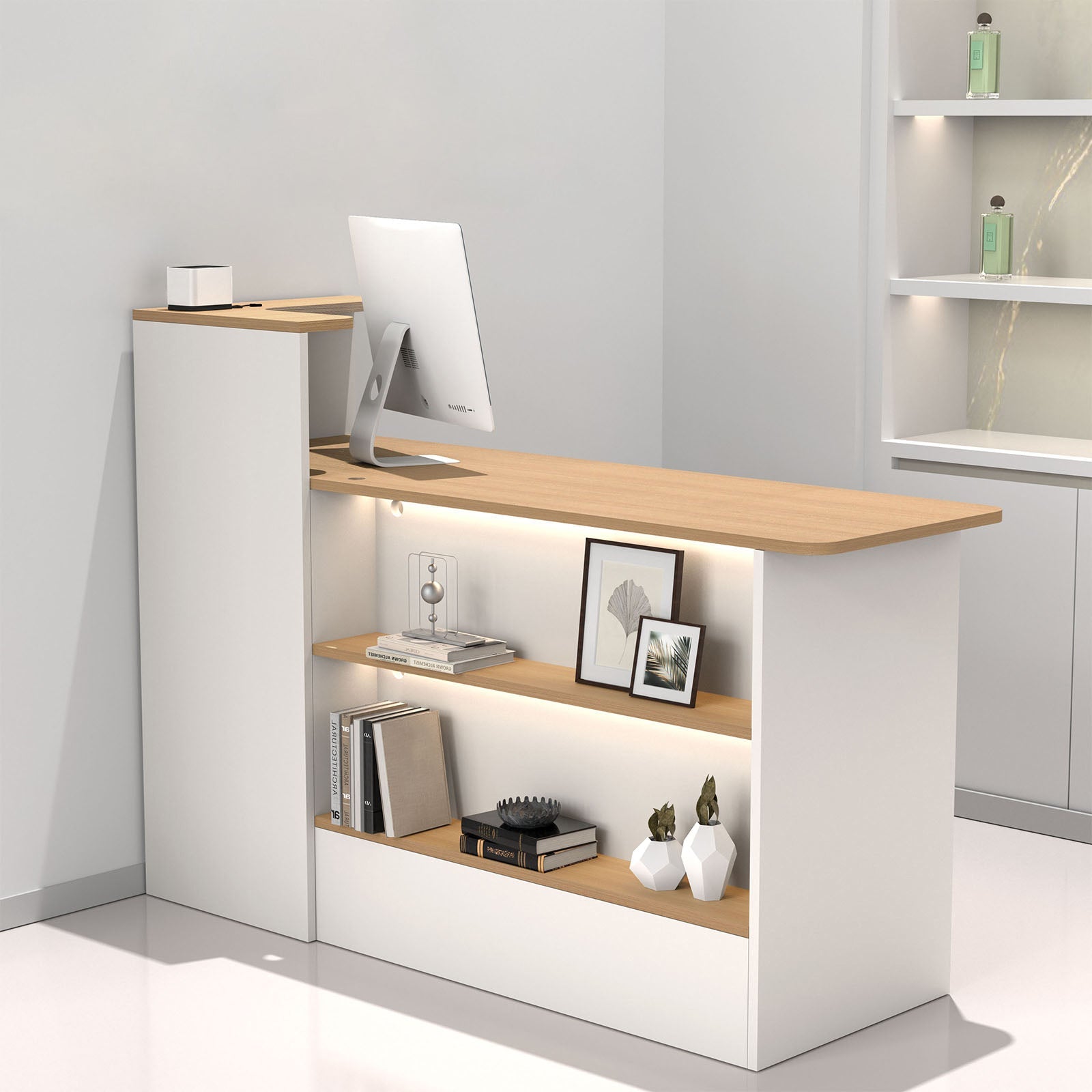 見せる収納でおもてなしの心を演出する、優しいデザインの受付台