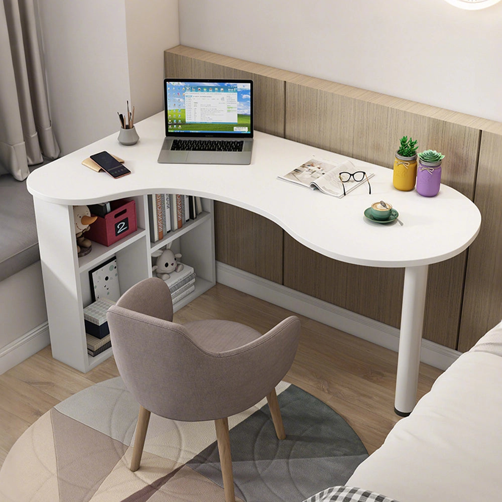 L字型カーブデザイン オフィスデスク｜サイドラック＆スチール脚＆配線孔付き｜カスタマイズ可能