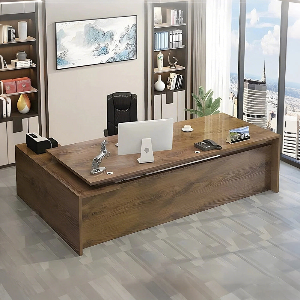 収納力と美しさを備えた、木目調L字型エグゼクティブデスク