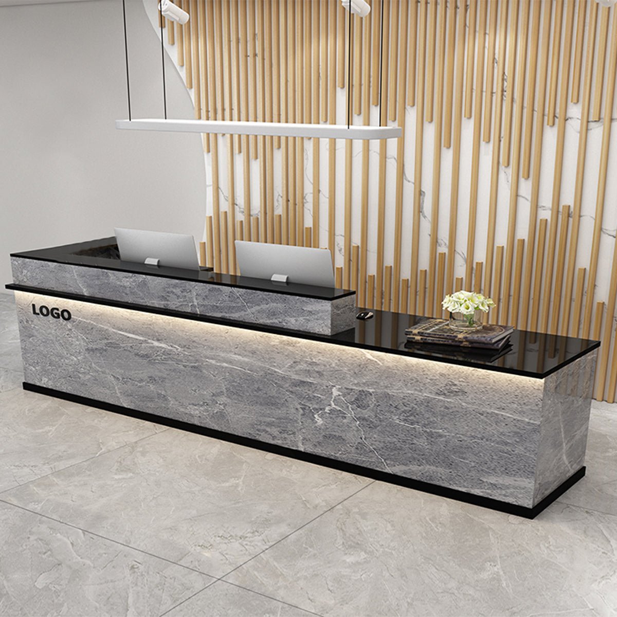 受付カウンター　レジカウンター　受付台　店舗カウンター　会社　事務所　引き出し　優れた収納力　鍵付き　キーボードトレイ付き　木製　高級感　マーブル　木目調　カスタマイズ可能　JDT - S005 -  