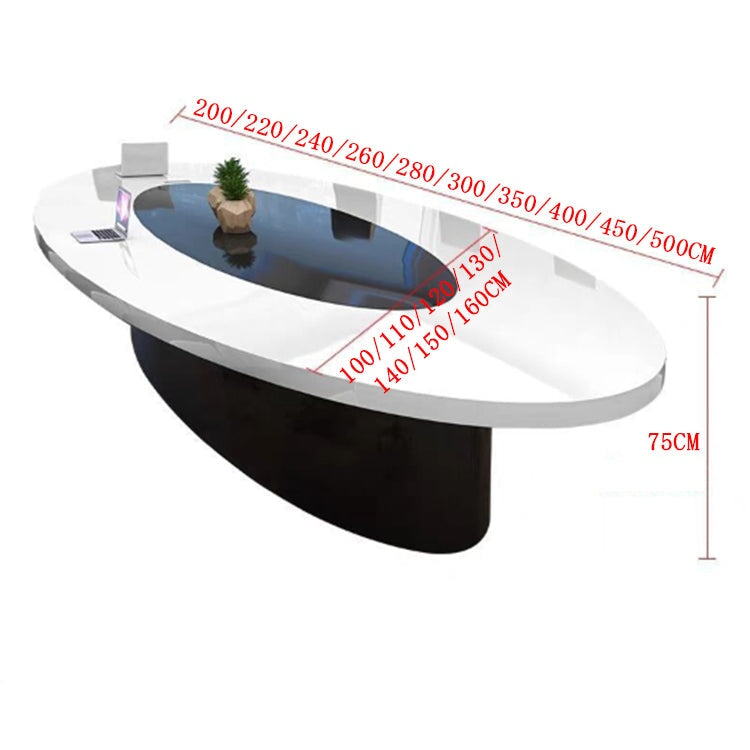 会議テーブル　ミーティングテーブル　商談テーブル　会議机　ワークデスク　鏡面仕上げ　楕円　配線ボックス　重厚感　ホワイト　HYZ-K027 -  