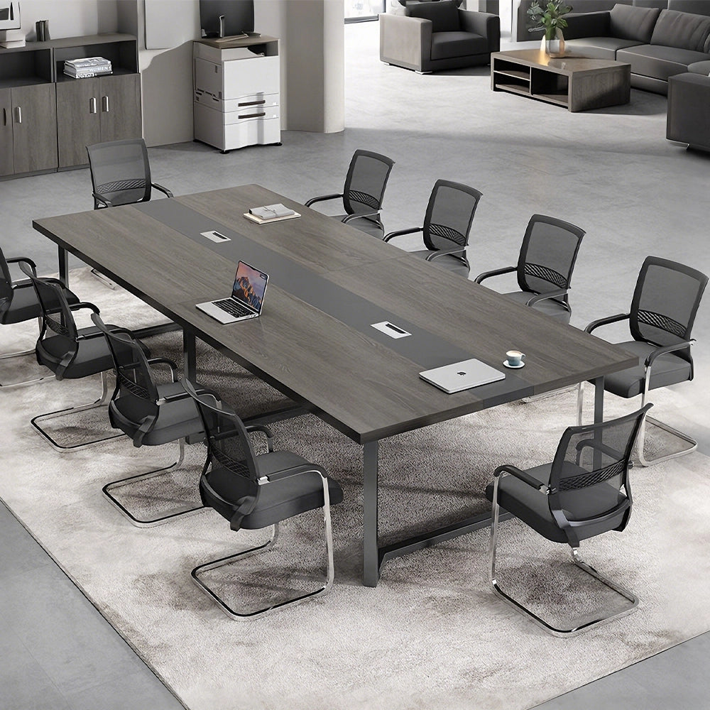 どっしりシンプル｜配線ボックス付き会議テーブル｜木目調×スチール脚×カスタマイズ対応