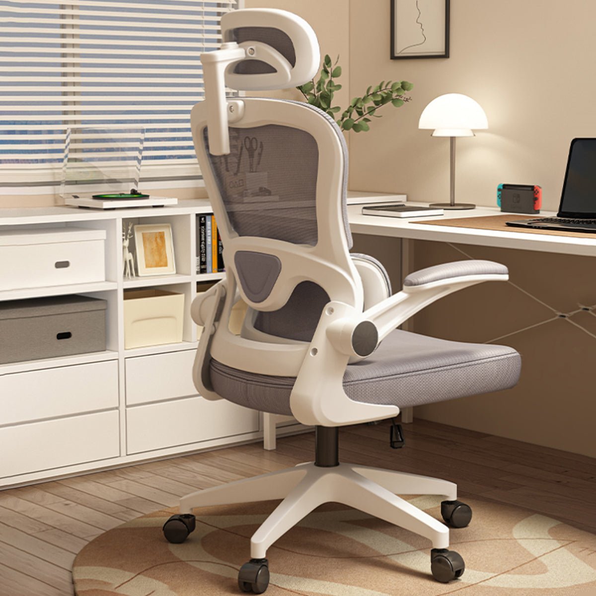 ワークチェア　オフィスチェア　デスクチェア　ミーティングチェア　ヘッドレスト　キャスター　人間工学　リクライニング機能　メッシュ　多機能　シンプル　グレー　