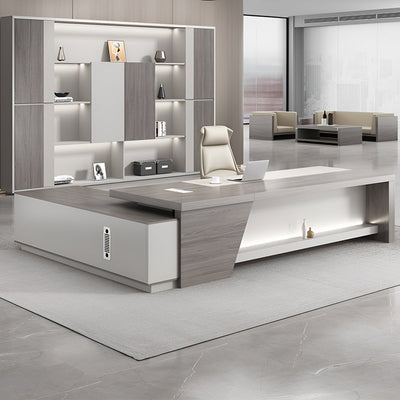 配線も収納もスマートに整う、L字型ブラウン役員デスク