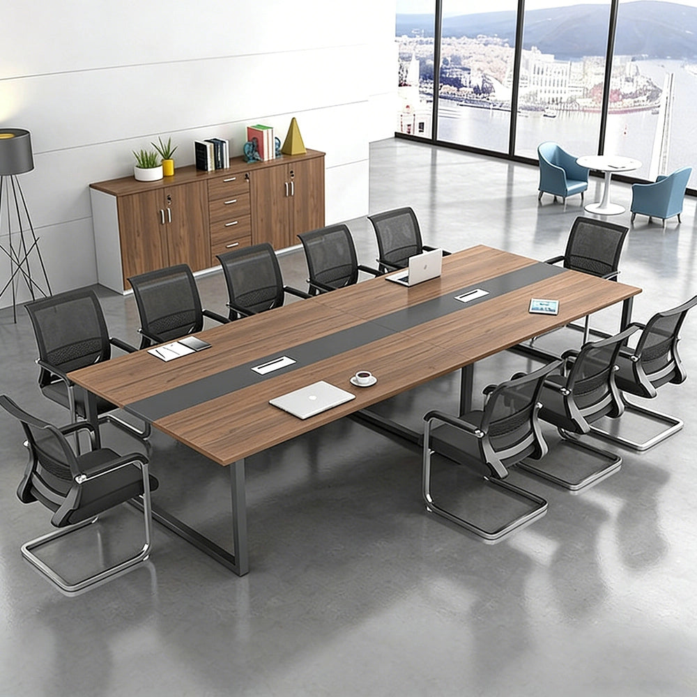 配線ボックス付き×スチール脚の高耐久ミーティングテーブル（木目調）