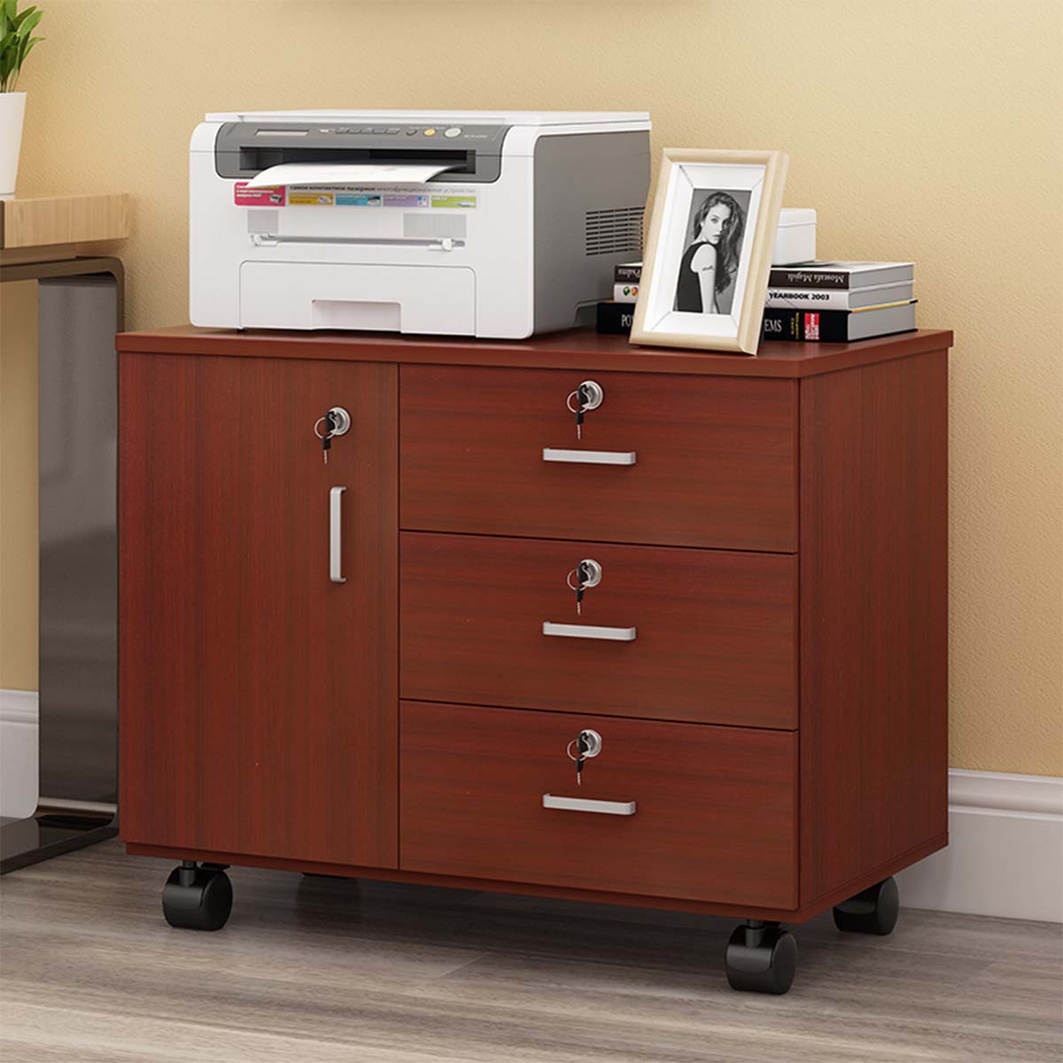 オフィスキャビネット｜錠付き キャスター付き 木目調収納ラック