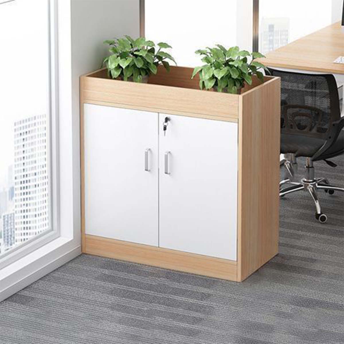自然スタイルオフィス収納キャビネット 植栽スペース付き コンパクトデザイン 多収納機能 環境優良素材