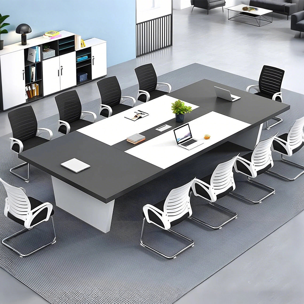 厚天板×バイカラー×台形脚｜安定性と洗練を兼ね備えた天然木調会議テーブル（配線孔付き×カスタム対応）