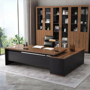 L字型エグゼクティブデスク（幕板×サイドキャビネット×配線穴付き）｜木目調×ブラックデザイン｜社長室×役員室向け