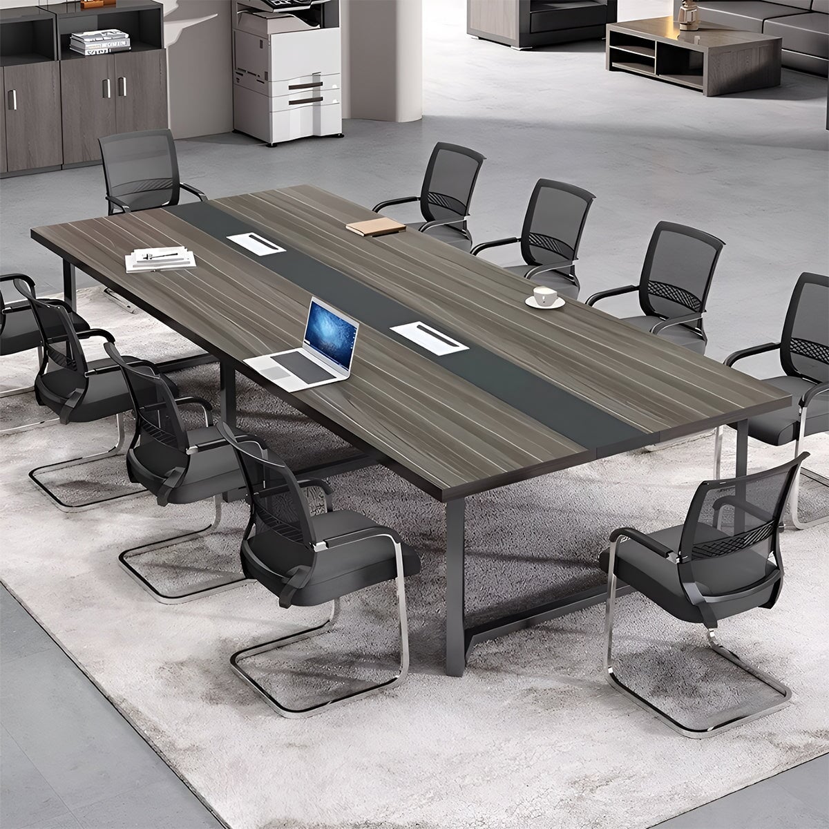 どっしり　シンプル　木目調　配線ボックス　会議テーブル　ミーティングテーブル　メラミン化粧板　スチール　オシャレ　ホワイト　ブラック　グレー　カスタマイズ可能　HYZ-K-036