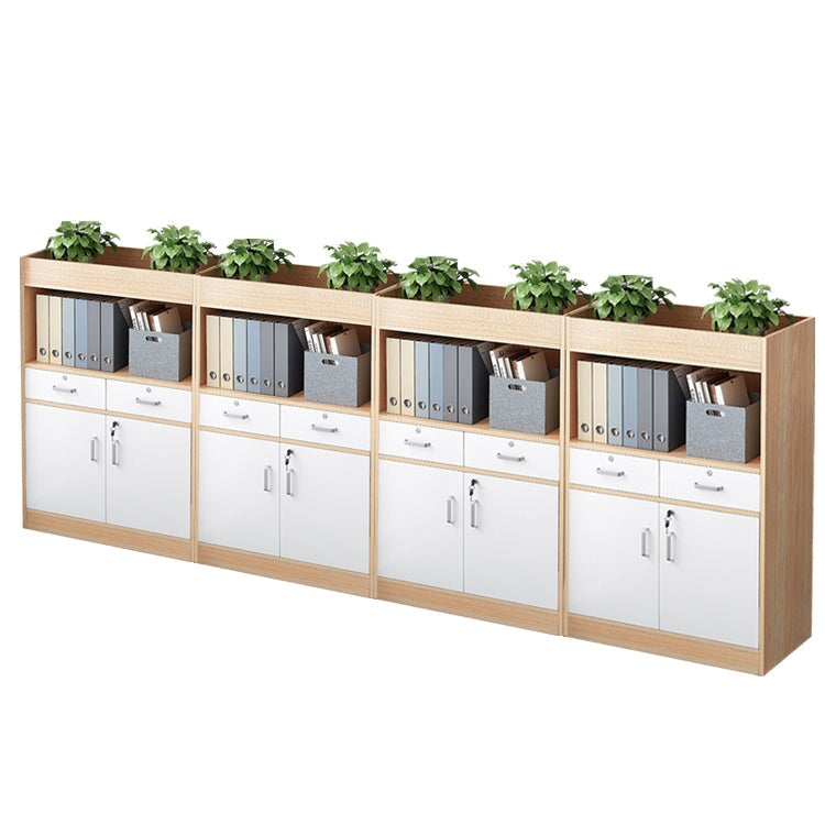 キャビネット　オフィス収納　オフィスキャビネット　収納棚　木目調　シリンダー錠付き　鍵付き　観音開き　オープン収納　ナチュラル　ウォルナット　CWG-084 -  