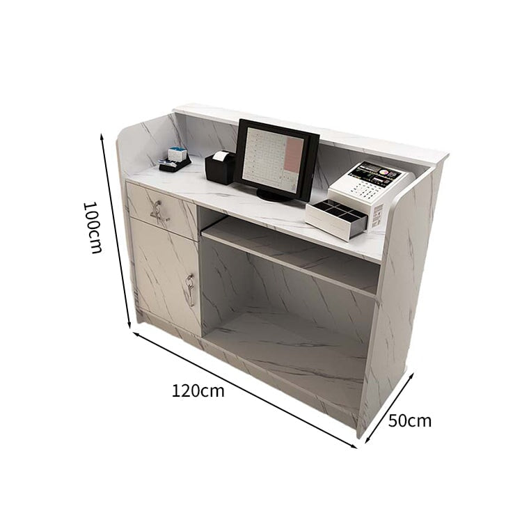受付カウンター　収納　受付台　レジカウンター　マーブル模様　鍵付き　シリンダー錠　引出し付き　分類収納　シンプル　ホワイト　JDT-M-123