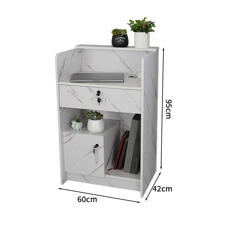受付カウンター　収納　受付台　レジカウンター　マーブル模様　鍵付き　シリンダー錠　引出し付き　分類収納　シンプル　ホワイト　JDT-M-123