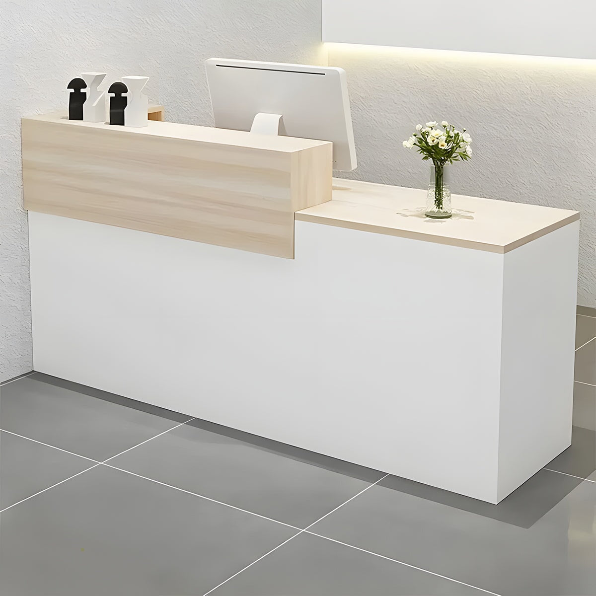 受付カウンター　レジカウンター　受付台　カウンター　収納棚　引き出し付き　キーボードトレイ付き　袖机　配線穴付き　ホワイト　カスタマイズ可能　JDT-K-111 