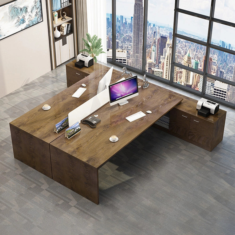 収納力と美しさを備えた、木目調L字型エグゼクティブデスク