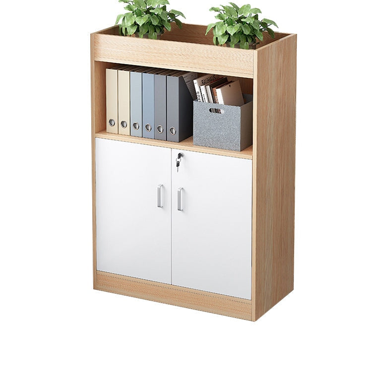 キャビネット　オフィス収納　オフィスキャビネット　収納棚　木目調　シリンダー錠付き　鍵付き　観音開き　オープン収納　ナチュラル　ウォルナット　CWG-084 -  