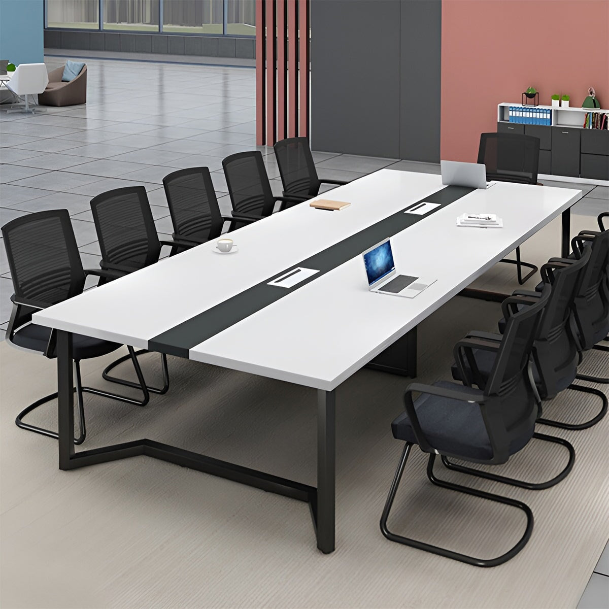 どっしり　シンプル　木目調　配線ボックス　会議テーブル　ミーティングテーブル　メラミン化粧板　スチール　オシャレ　ホワイト　ブラック　グレー　カスタマイズ可能　HYZ-K-036