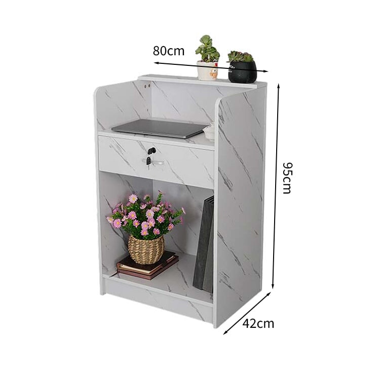 受付カウンター　収納　受付台　レジカウンター　マーブル模様　鍵付き　シリンダー錠　引出し付き　分類収納　シンプル　ホワイト　JDT-M-123