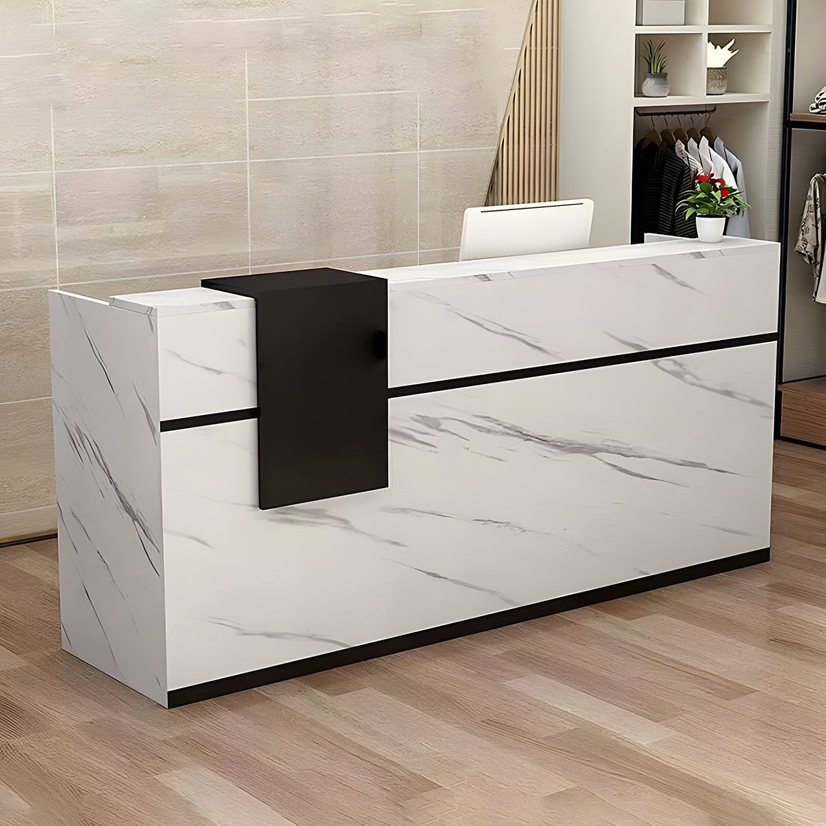 受付カウンター　レジカウンター　オフィス受付　カウンター　焼付塗装　オープン収納　鍵付き引き出し　マーブル模様　カスタマイズ可能　JDT-072　