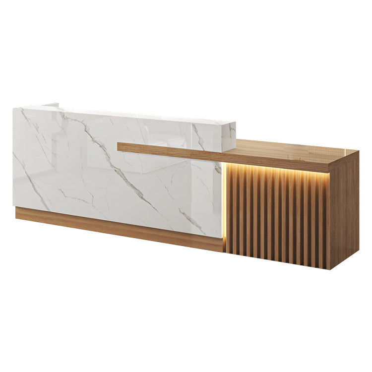 受付カウンター　受付台　オフィス受付　エントランス受付　作業台　L字型　機能性　LEDライト　収納　カスタマイズ可能　木目調