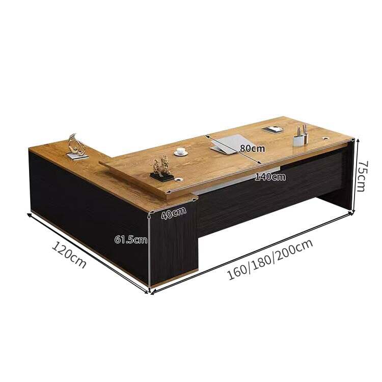 役員室用　社長室用　配線穴付き　?字　サイドキャビネット付き　幕板付き　プレジデントデスク　パソコンデスク　事務机　エグゼクティブデスク　おしゃれ　木目調　LBZ-C070　  