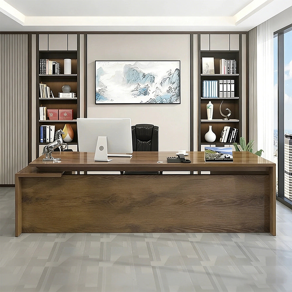 収納力と美しさを備えた、木目調L字型エグゼクティブデスク