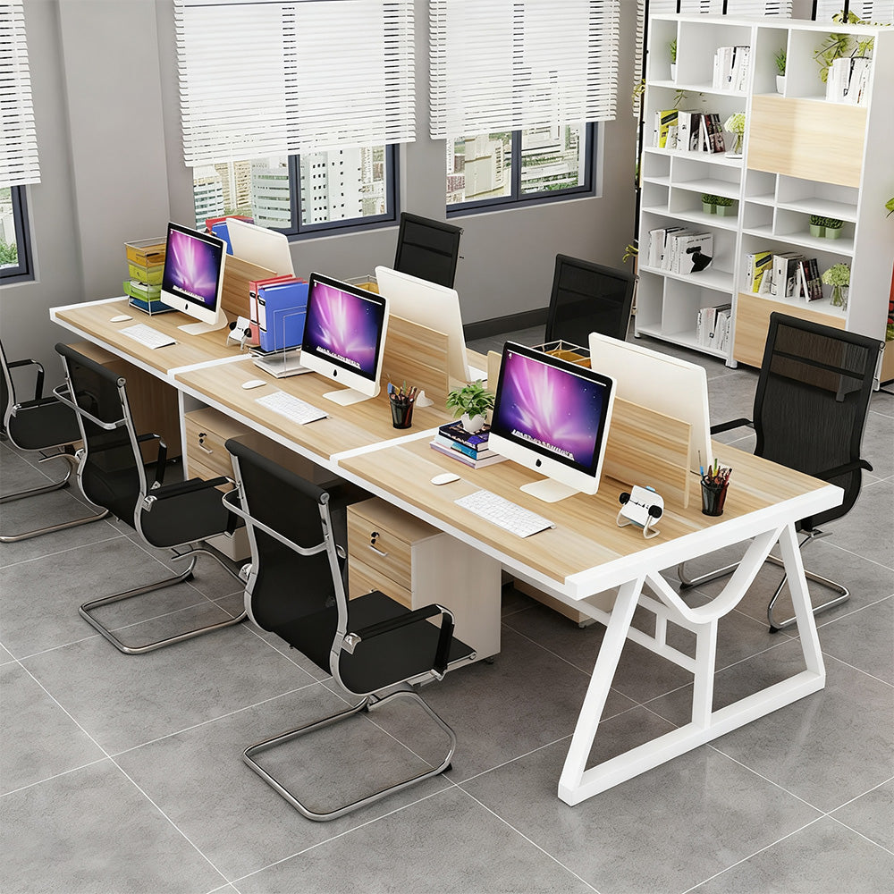 オフィスデスク｜木目調×スチール脚・ストレート型・パーティション付き・チーム作業向けワークステーション