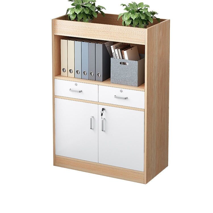 キャビネット　オフィス収納　オフィスキャビネット　収納棚　木目調　シリンダー錠付き　鍵付き　観音開き　オープン収納　ナチュラル　ウォルナット　CWG-084 -  