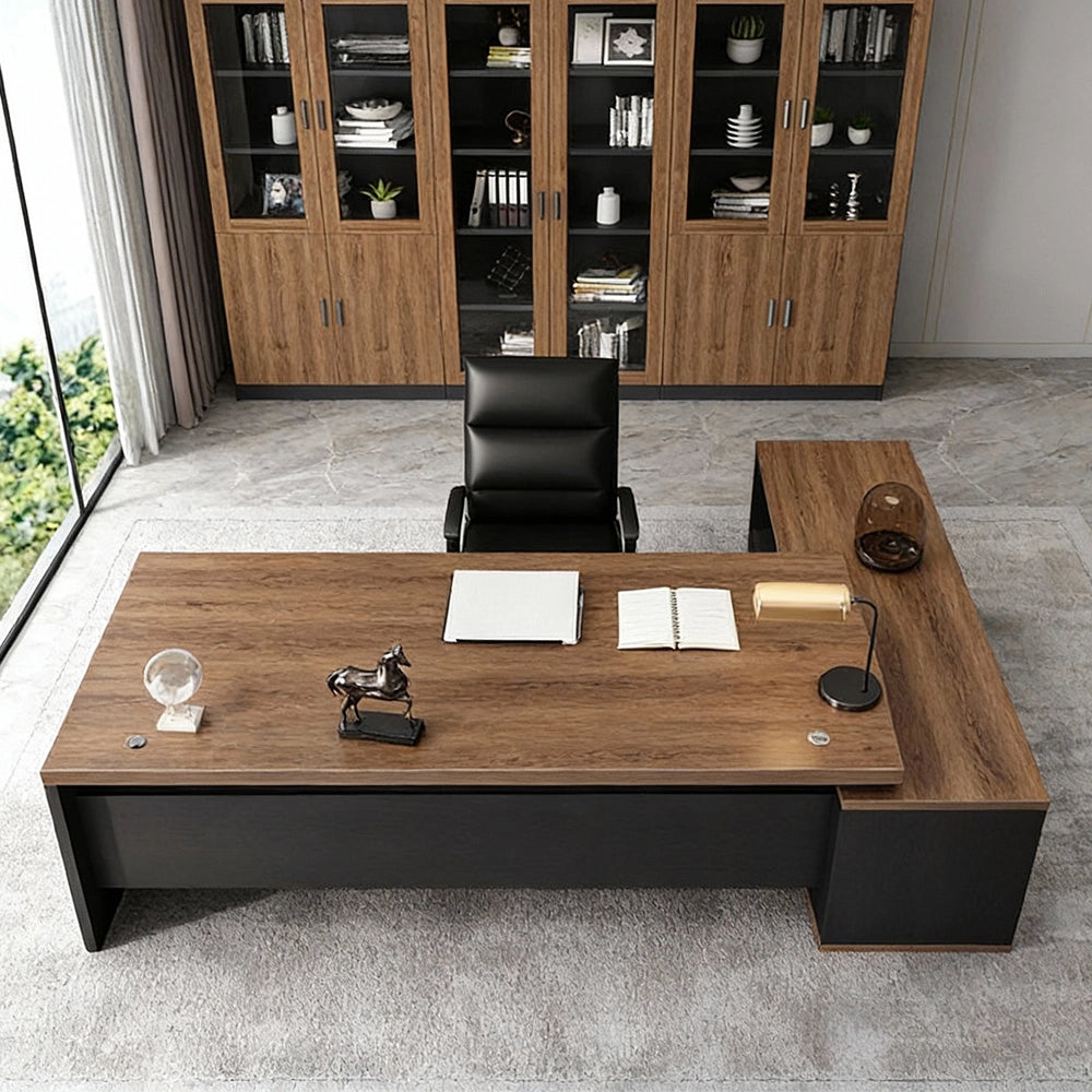 L字型エグゼクティブデスク（幕板×サイドキャビネット×配線穴付き）｜木目調×ブラックデザイン｜社長室×役員室向け