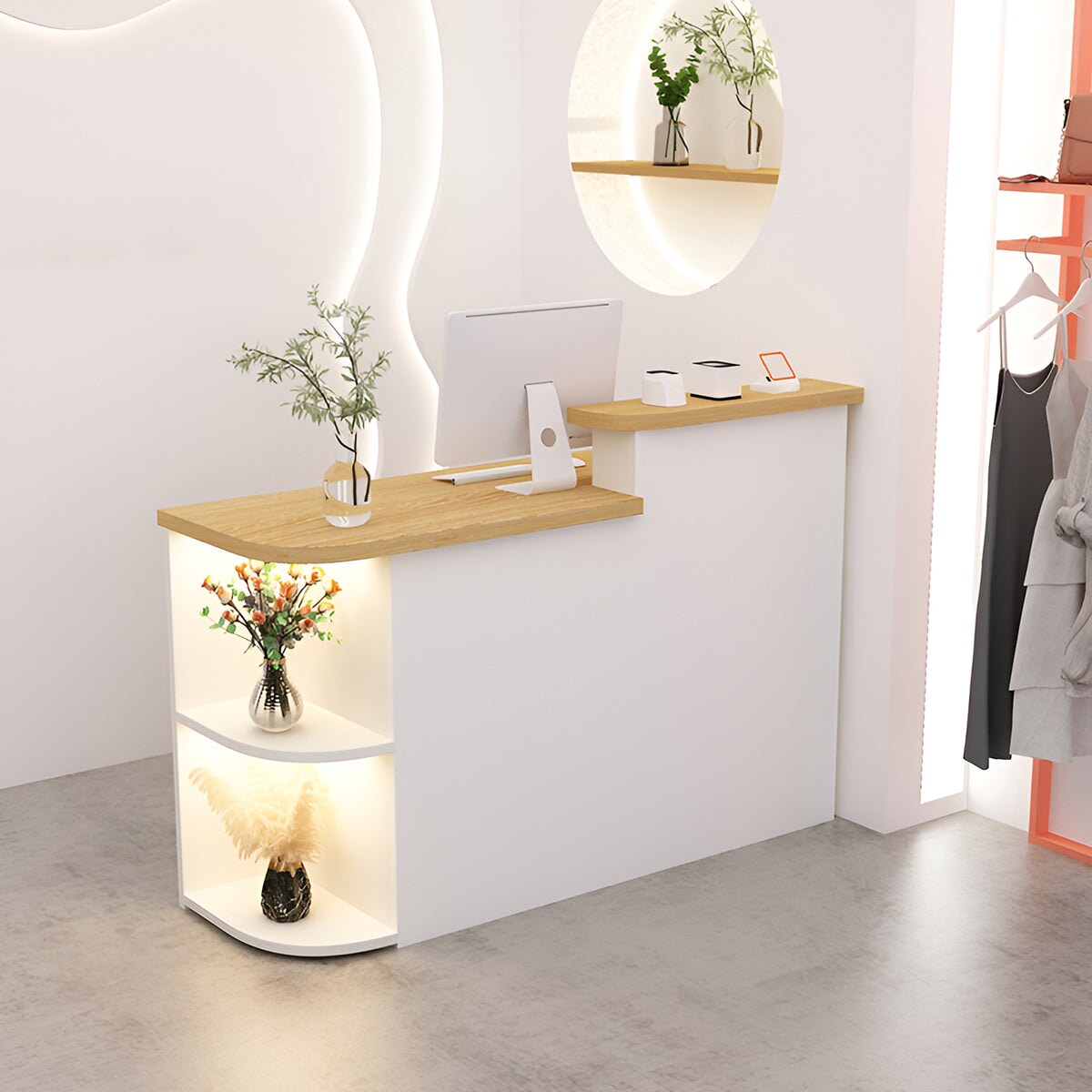 収納　多目的　分類収納　錠付き　厚い天板　展示棚　Ｒ仕上げ　木目調　カウンター　受付カウンター　レジ台　すっきり　機能性　使い勝手　ホワイト　カスタマイズ可能　JDT-K031