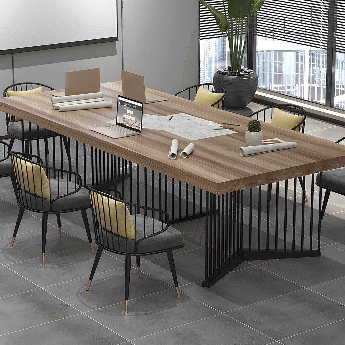 分厚い天板　幅広　アイアンフレーム　三角構造　耐荷重　安定性　会議テーブル　ミーティング　テーブル　木目調　重厚感　落ち着き　カスタマイズ可能　HYZ-K-093　