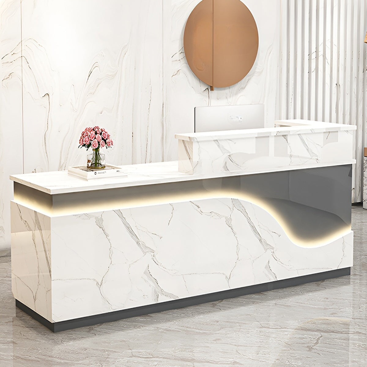 鏡面仕上げ　厚い天板　多様な収納　分類収納　大容量　配線穴キャップ　エコ板材　安全無臭　カウンター　受付台　受付カウンター　おしゃれ　モダン　高級感　ホワイト　カスタマイズ可能　JDT-K059　 