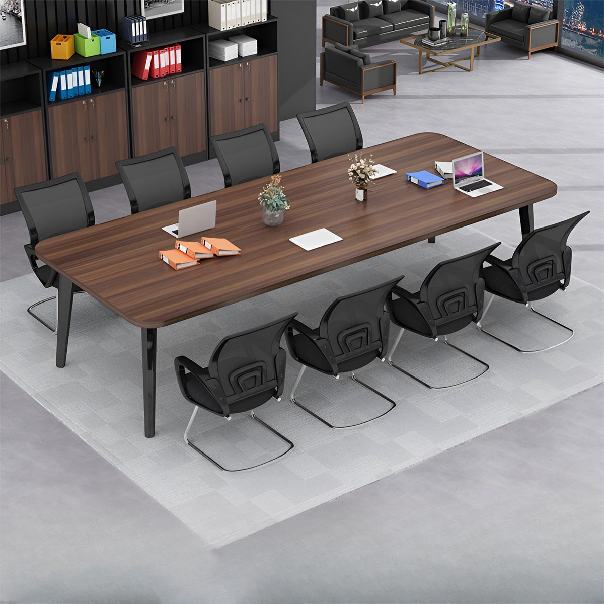 炭素鋼フレーム　安定性　木目調　厚い天板　幅広　Ｒ仕上げ　テーブル　ミーティング　会議テーブル　シンプル　落ち着き　カスタマイズ可能　HYZ-K-045