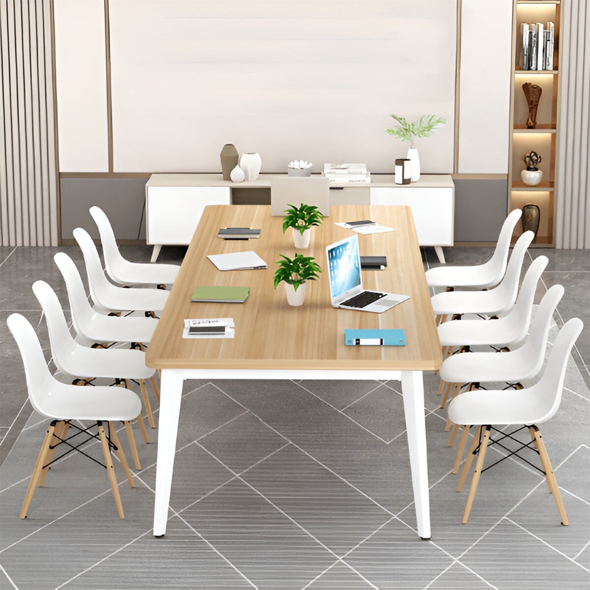 シンプル　温かみ　木目調　優しい　会議テーブル　ミーティングテーブル　スチール　メラミン化粧板　ホワイト　ブラック　HYZ-K-007　 