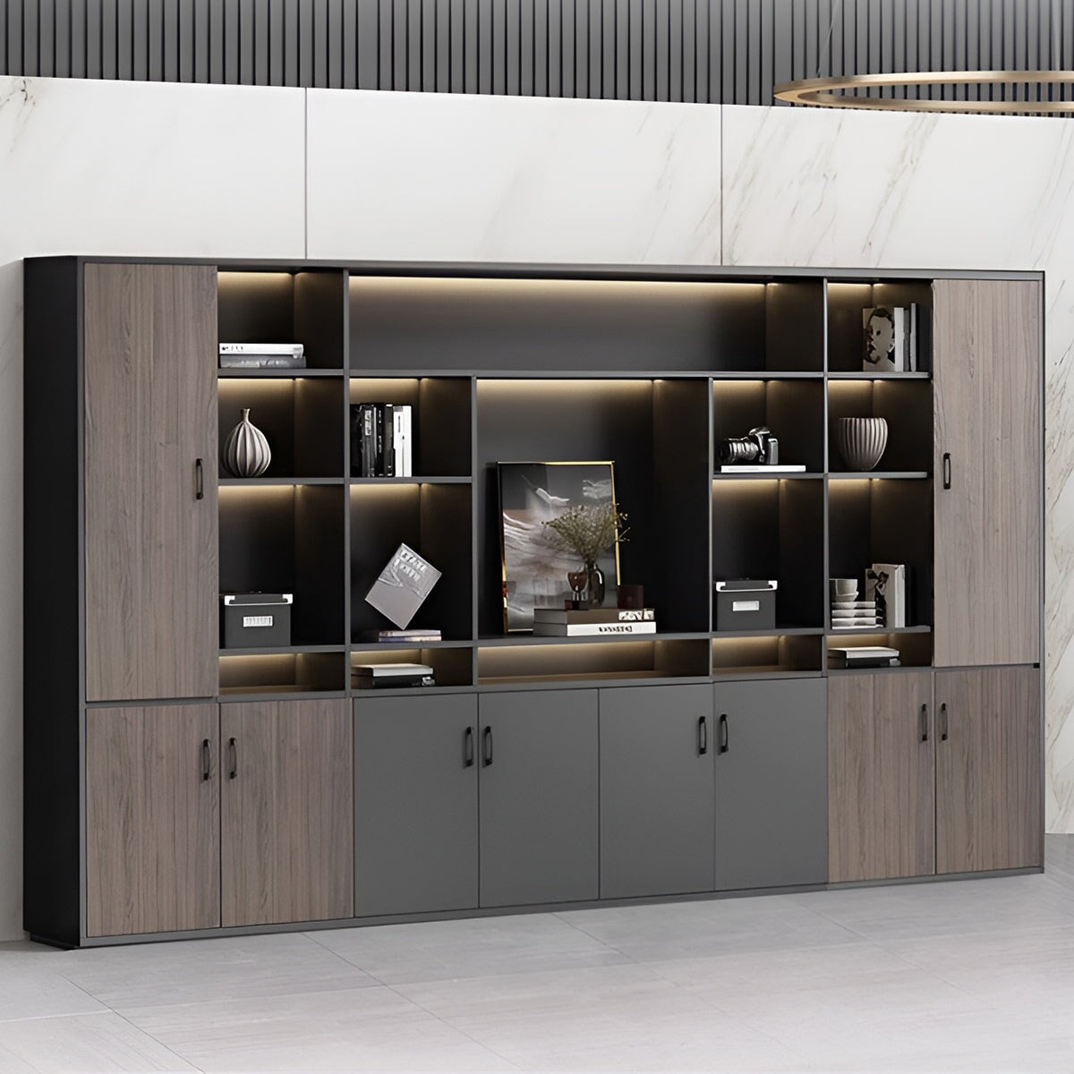 大容量　分類収納　オープン収納　扉付き収納　エコ板材　木目調　多段式　収納棚　キャビネット　収納キャビネット　オフィス用　上質　実用　グレー　カスタマイズ可能　CWG-K-123