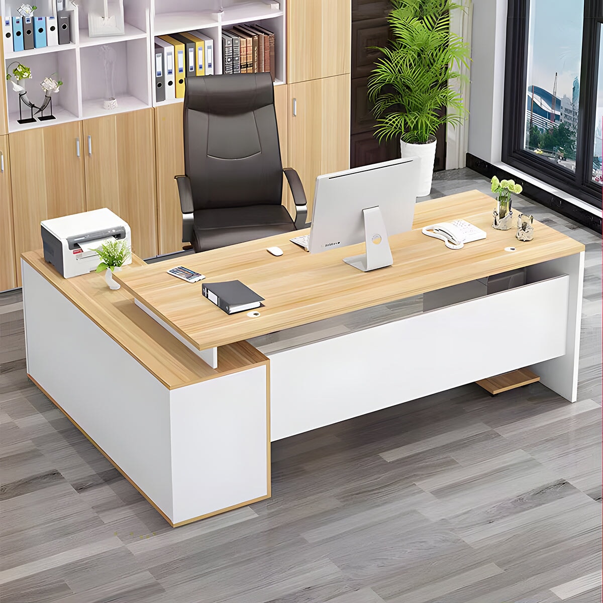 ワークデスク　オフィスデスク　エグゼクティブデスク　事務デスク　サイドキャビネット　オープン収納　扉付き　幕板　引き出し　シンプル　ナチュラル　LBZ-K025 -  