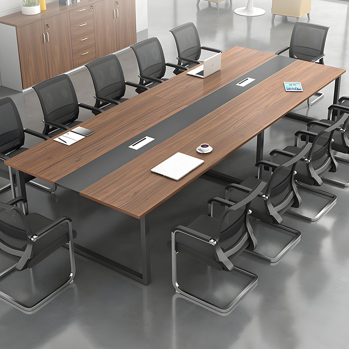 スチールフレーム　厚い天板　エッジ加工　配線ボックス　木目調　会議テーブル　ミーティング　会議室用　落ち着き　シンプル　洗練　ホワイト　カスタマイズ可能　HYZ-K-004　  