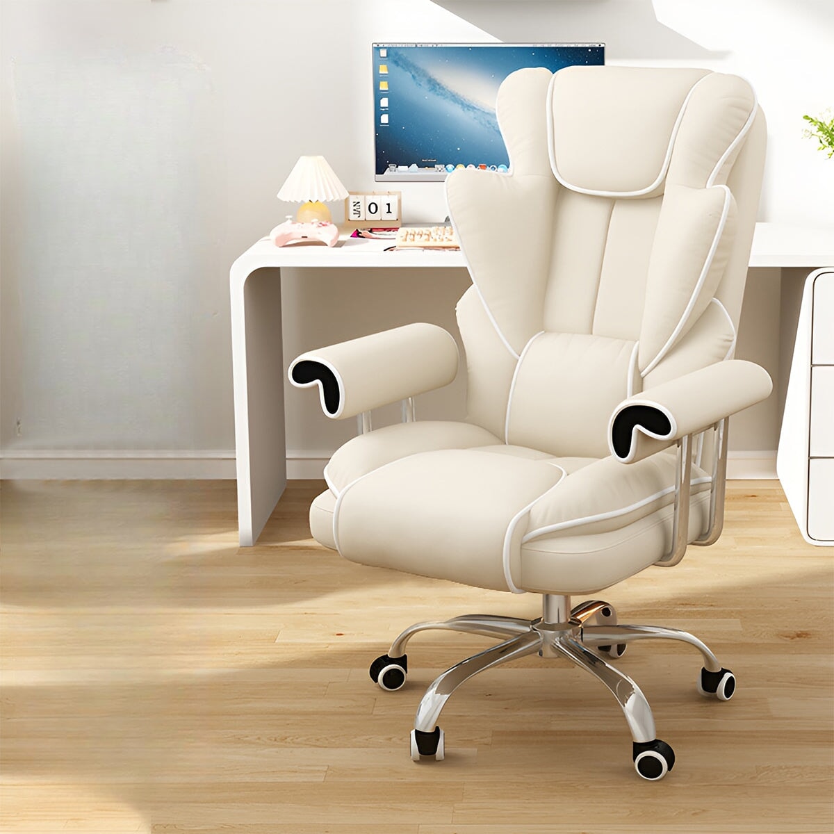 モダン　オシャレ　ふわり　リクライニング機能　オットマン　人間工学　ワークチェア　オフィスチェア　快適　マイクロファイバー生地　オフホワイト　ブラック　グレー　